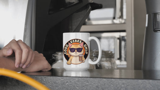 Good Vibes Only Cat Ceramic Coffee Mug – Fun 11oz Design Gift